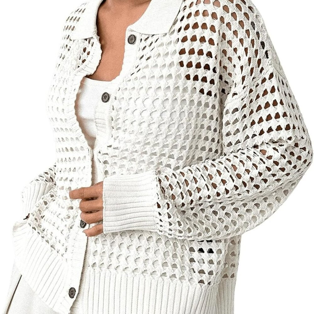 Women's Crochet Cardigan Sweater Lightweight Cardigan Hollow Out Sweater Long Sl - Picture 2 of 5